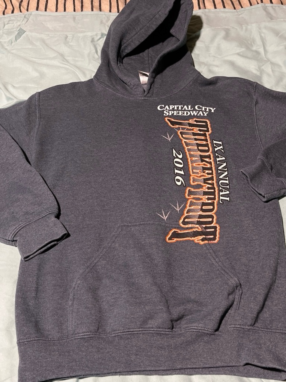 Gildan Dark Gray Hooded Sweatshirt with Orange and White Graphic
